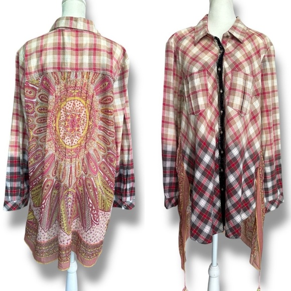 New Aratta Silent Journey Ombre Plaid Antique Washed Rose Button Down Tunic | L - Picture 1 of 16